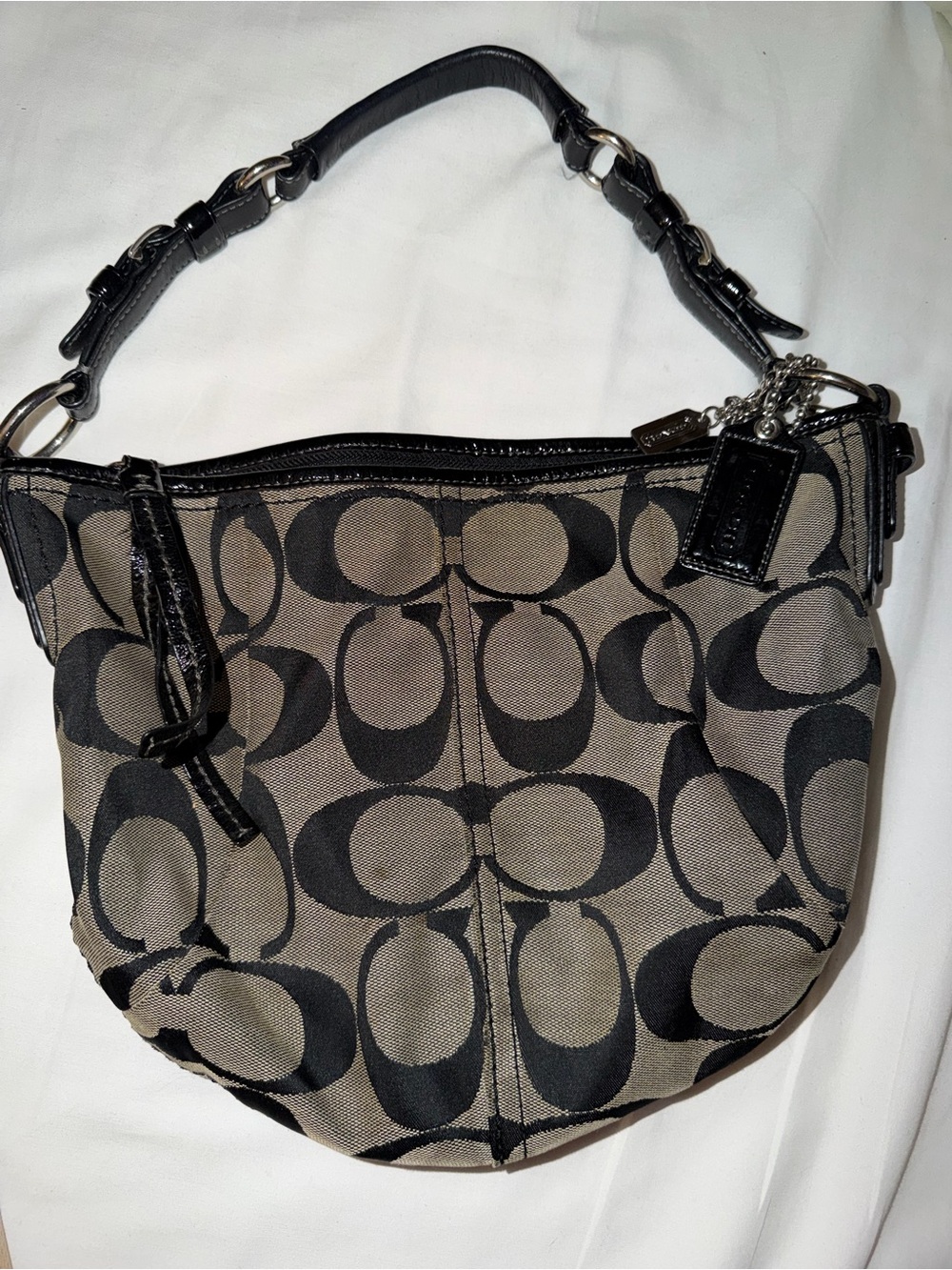 Coach Khaki and Black Signature Canvas Shoulder Bag